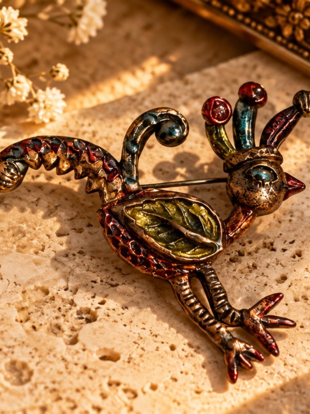 Vintage Happy Fingers Enamel Rooster Brooch Pin Colorful Bird